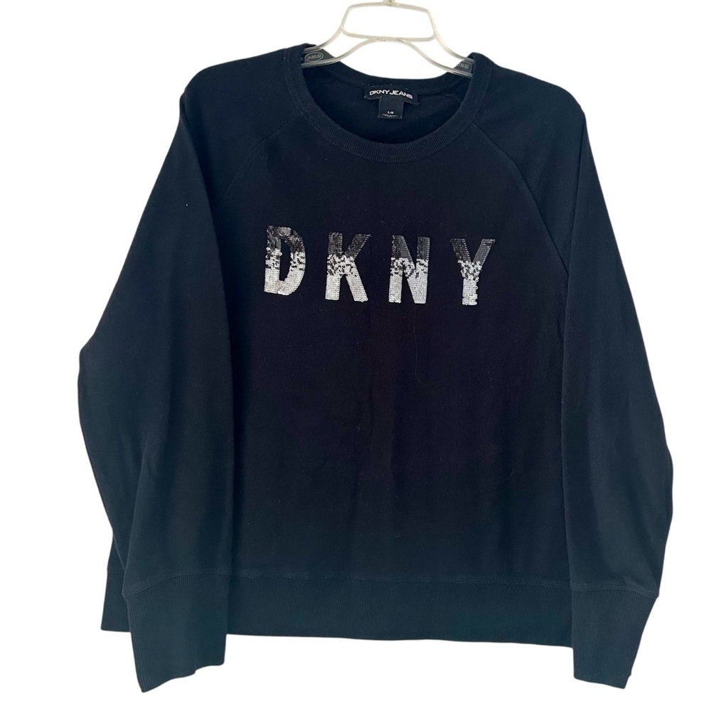 DKNY Men's Black Sweater Embroidered Sequin Logo Silver Size L
